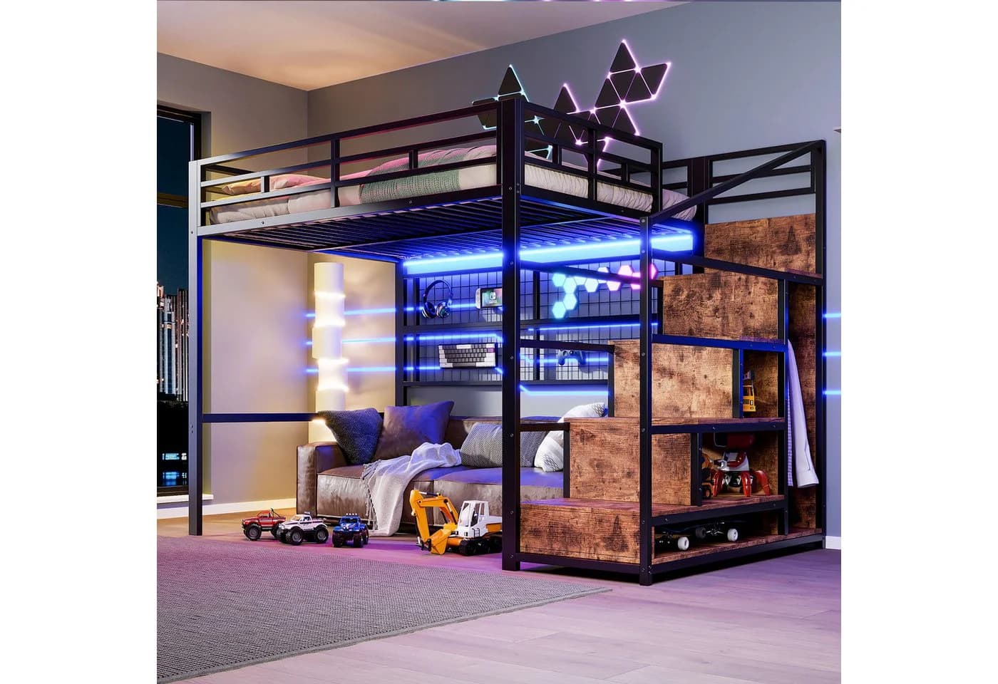 Merax Hochbett 140x200 cm mit LED-Beleuchtung und Stauraumleiter - Bild 4