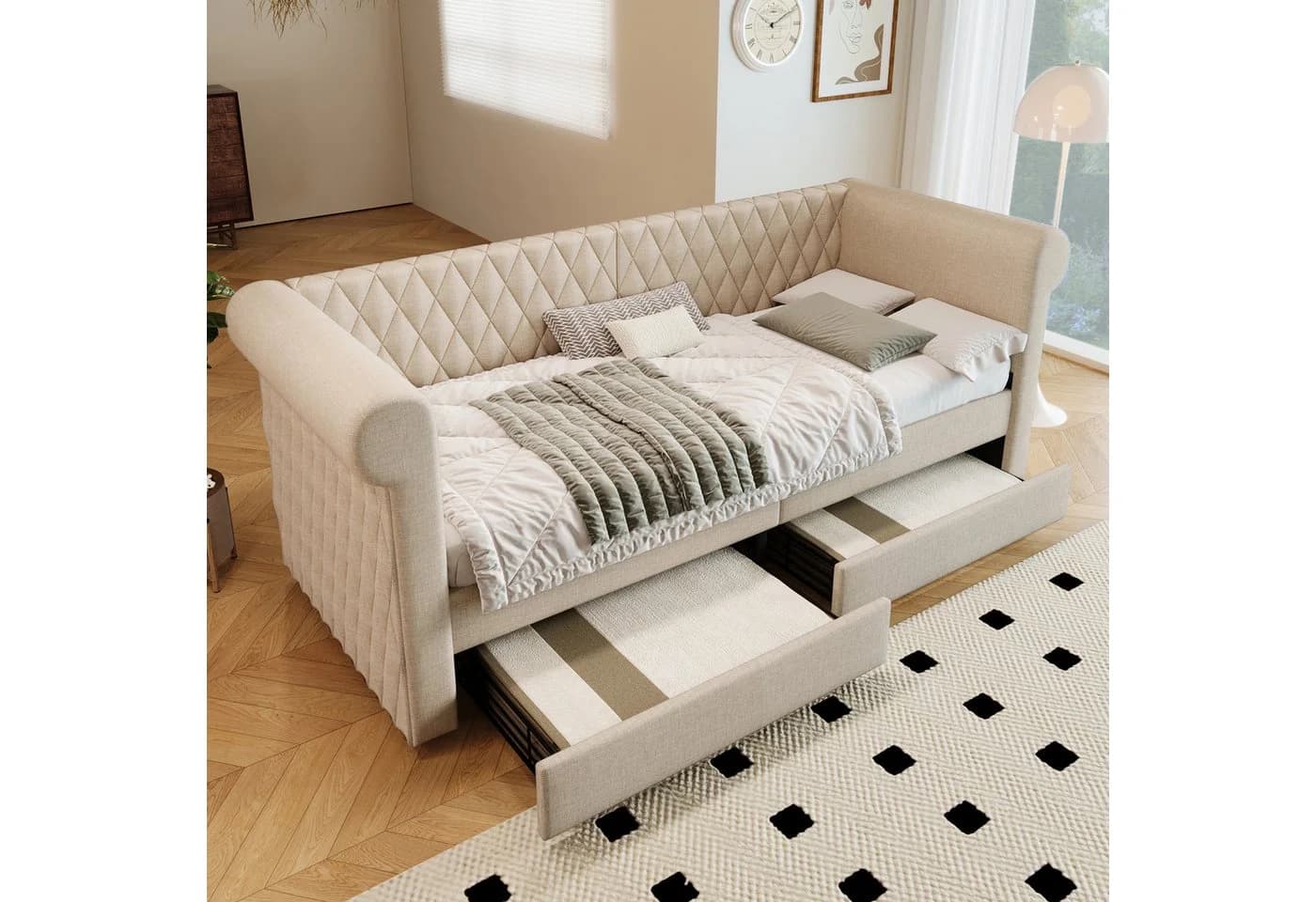 Merax Schlafsofa Tagesbett Beige Grau mit Schubladen & Lattenrost