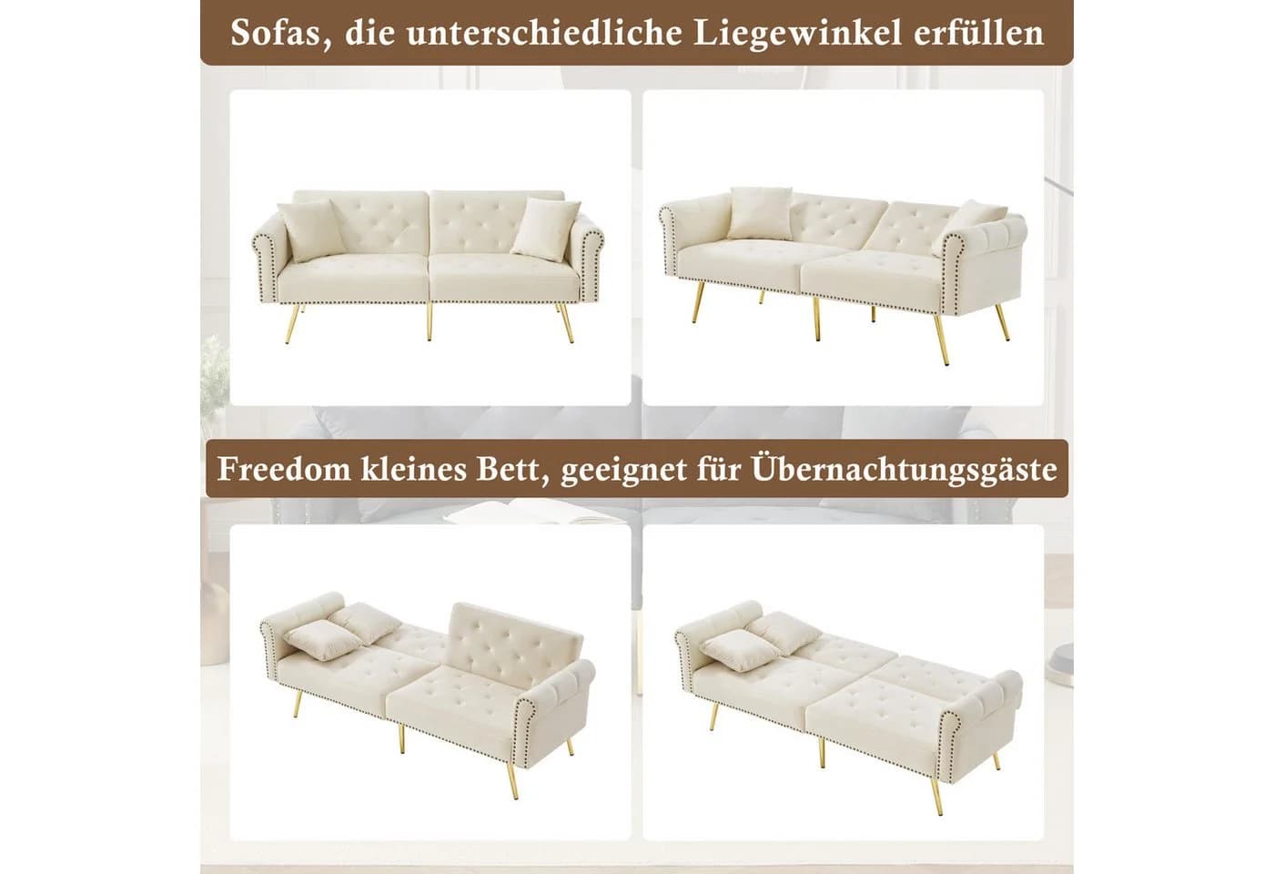 Merax Schlafsofa 2-Sitzer Samt Gold Metallfüße - Bild 4