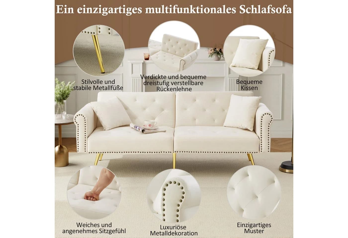Merax Schlafsofa 2-Sitzer Samt Gold Metallfüße - Bild 5