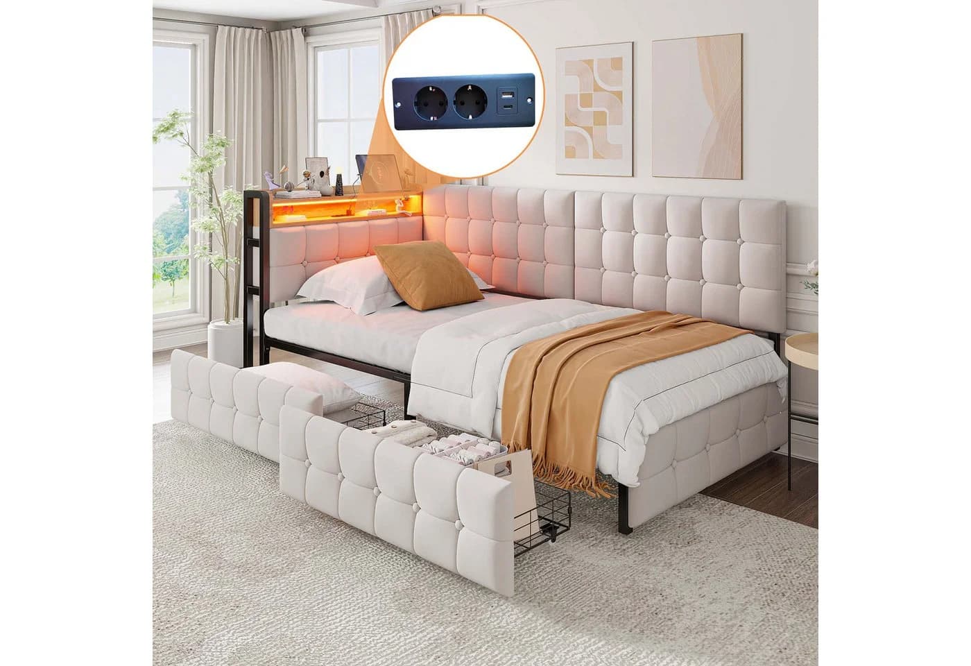 Merax Daybett Samt Beige mit LED, Schubladen & USB - Bild 5