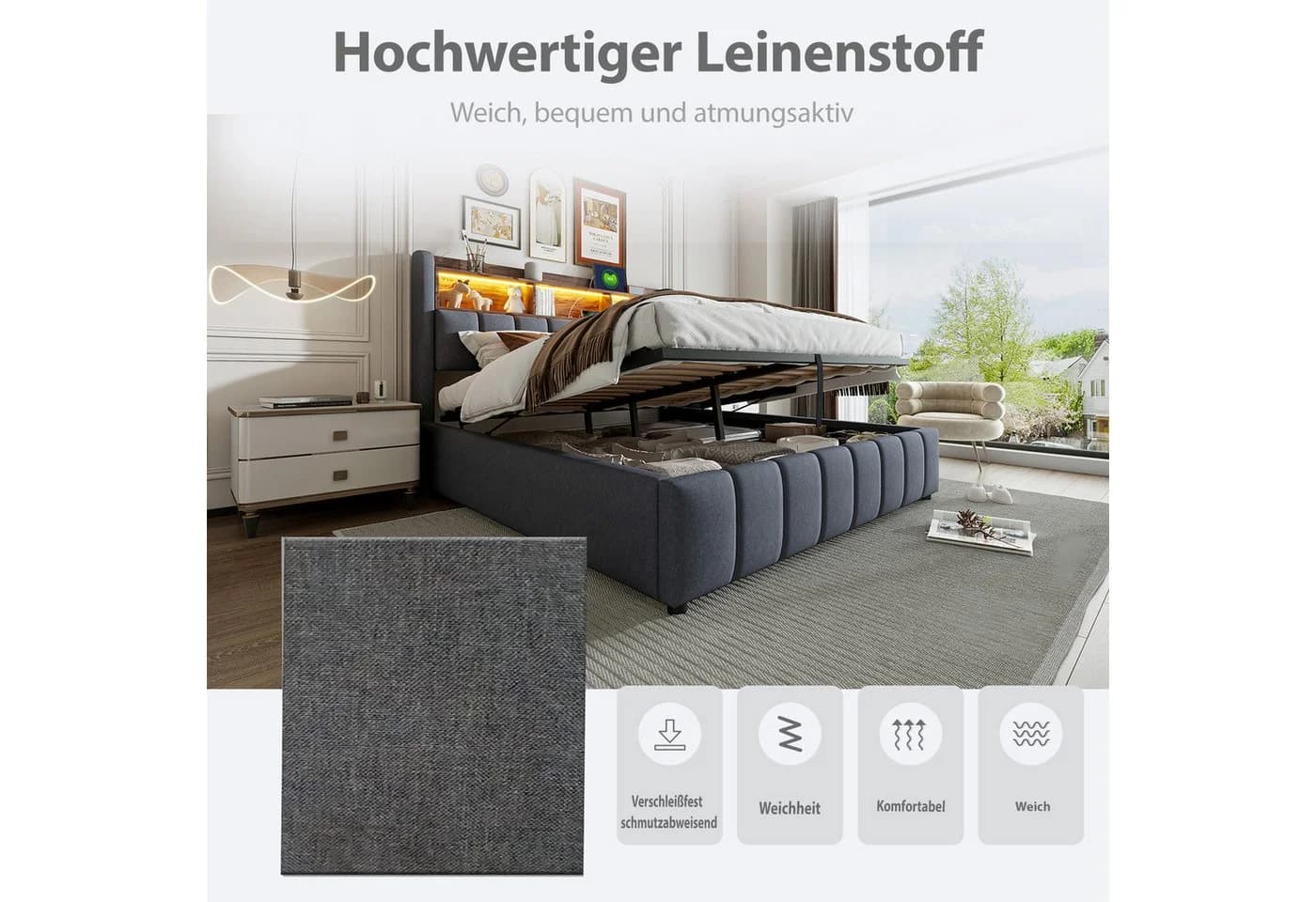 Merax Polsterbett mit hydraulischem Stauraum, 180x200cm, LED USB-Anschluss, Kopfteil mit Ablageflächen - Bild 4
