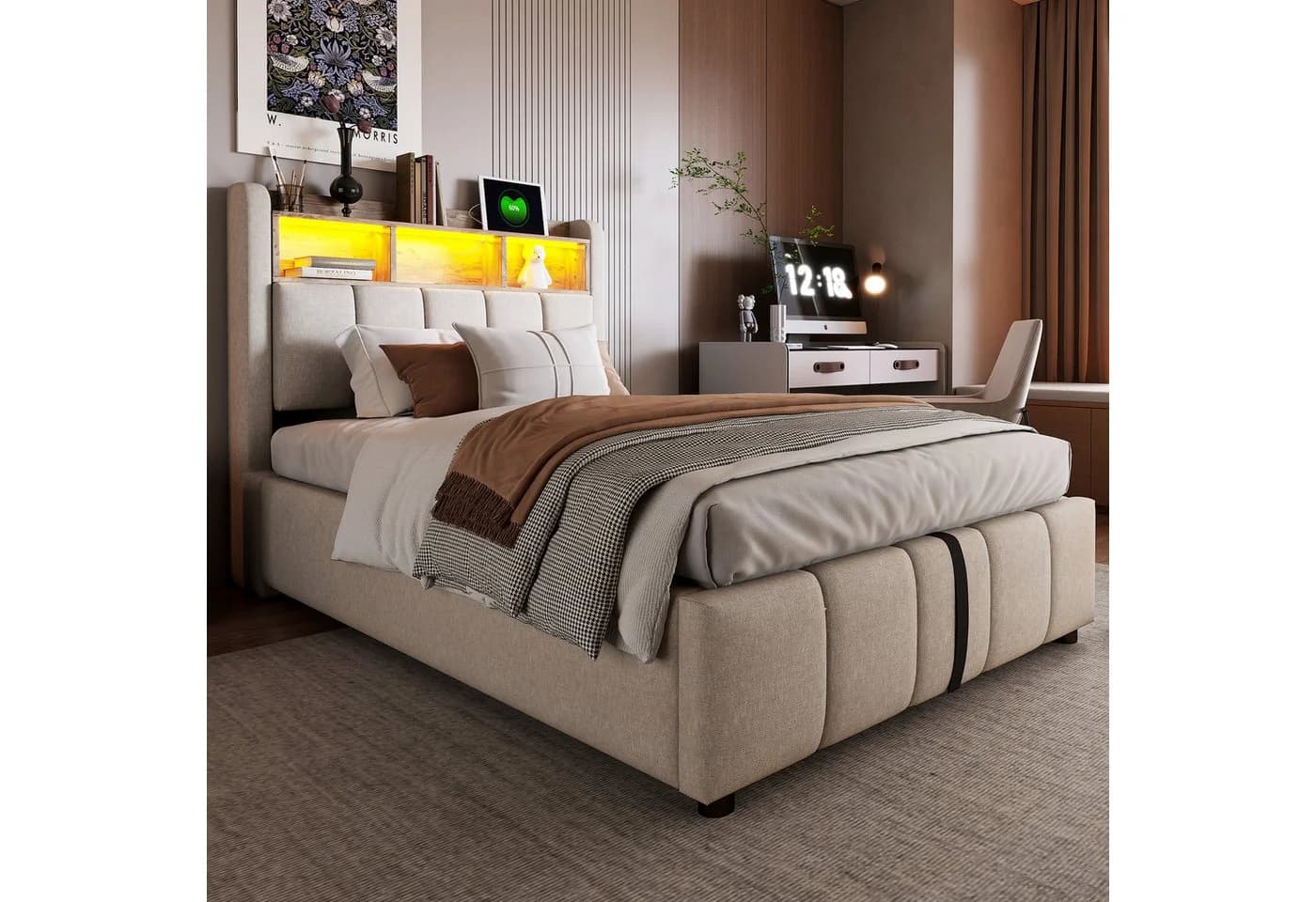 Merax Polsterbett mit hydraulischem Stauraum, Jugendbett 90x200cm mit LED USB-Anschluss, Kopfteil mit Ablageflächen