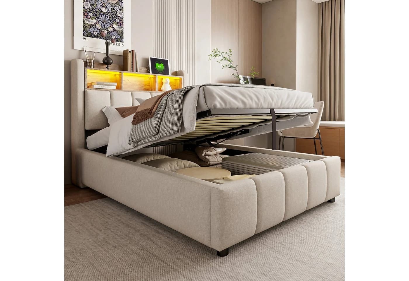 Merax Polsterbett mit hydraulischem Stauraum, Jugendbett 90x200cm mit LED USB-Anschluss, Kopfteil mit Ablageflächen - Bild 2