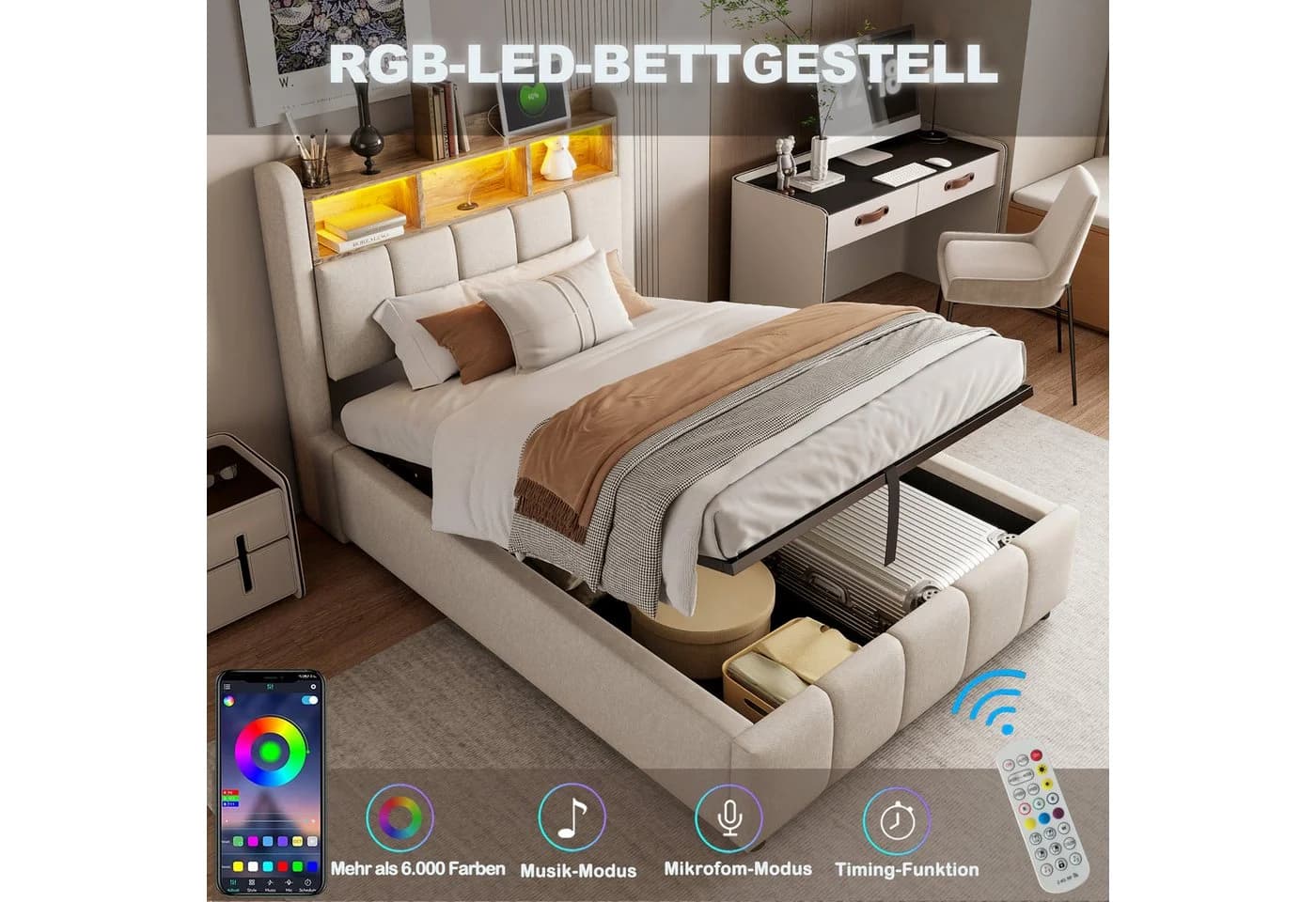 Merax Polsterbett mit hydraulischem Stauraum, Jugendbett 90x200cm mit LED USB-Anschluss, Kopfteil mit Ablageflächen - Bild 4