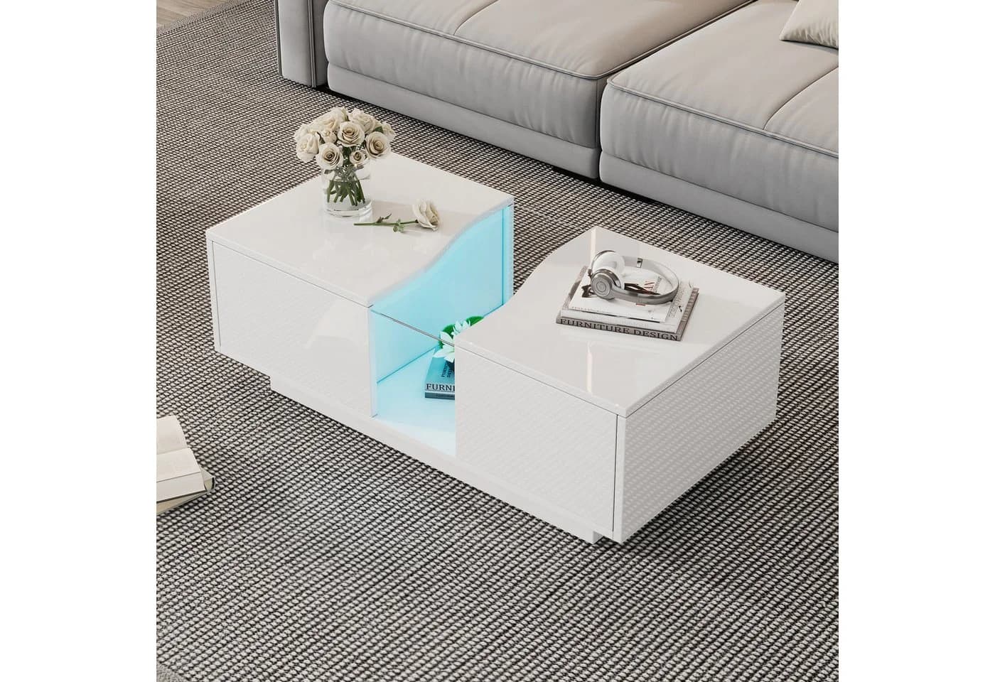 Merax LED-Couchtisch Hochglanz Sofatisch Beistelltisch mit LED-Beleuchtung