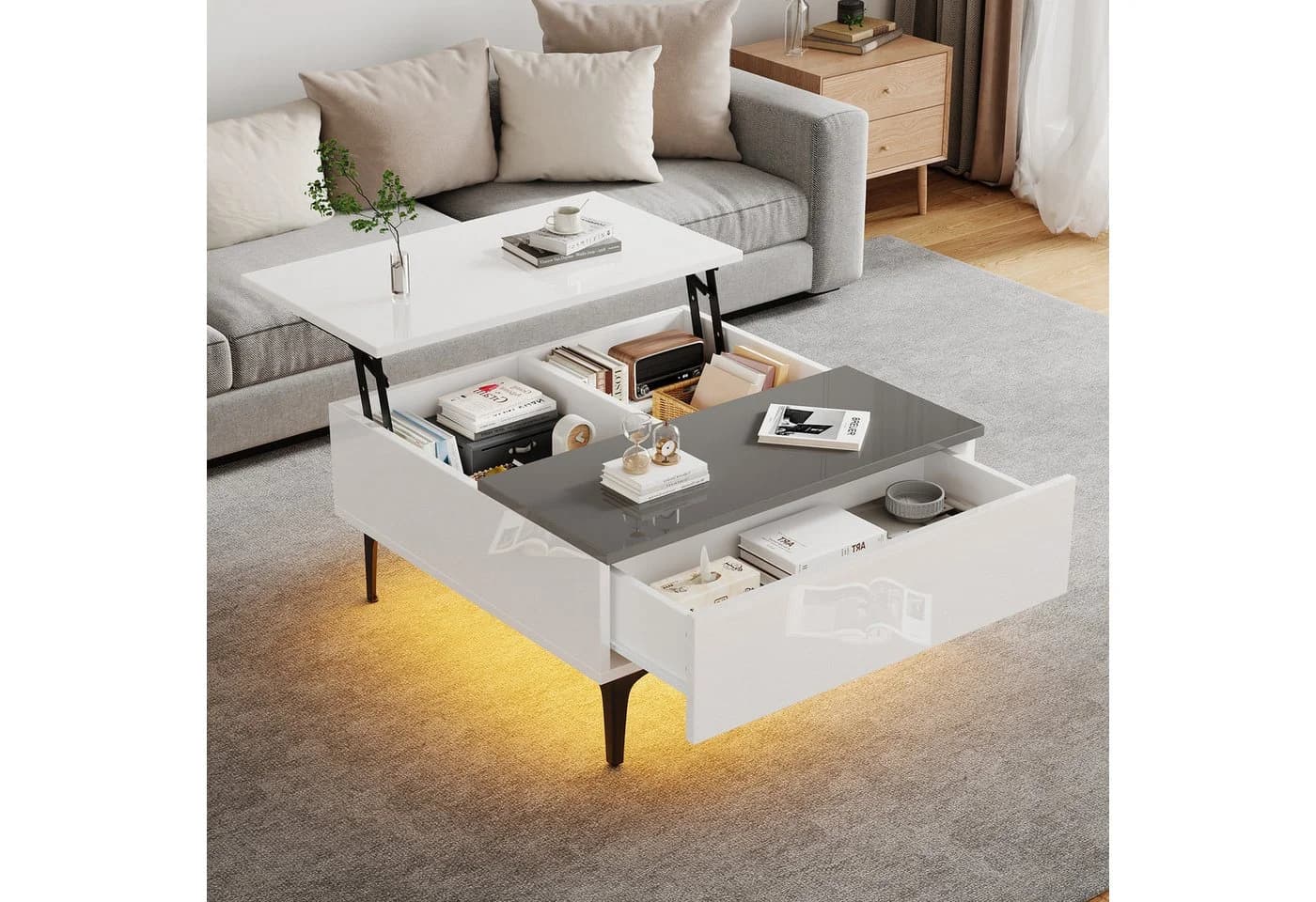 Merax LED Couchtisch höhenverstellbar mit Stauraum und Beleuchtung - Bild 2