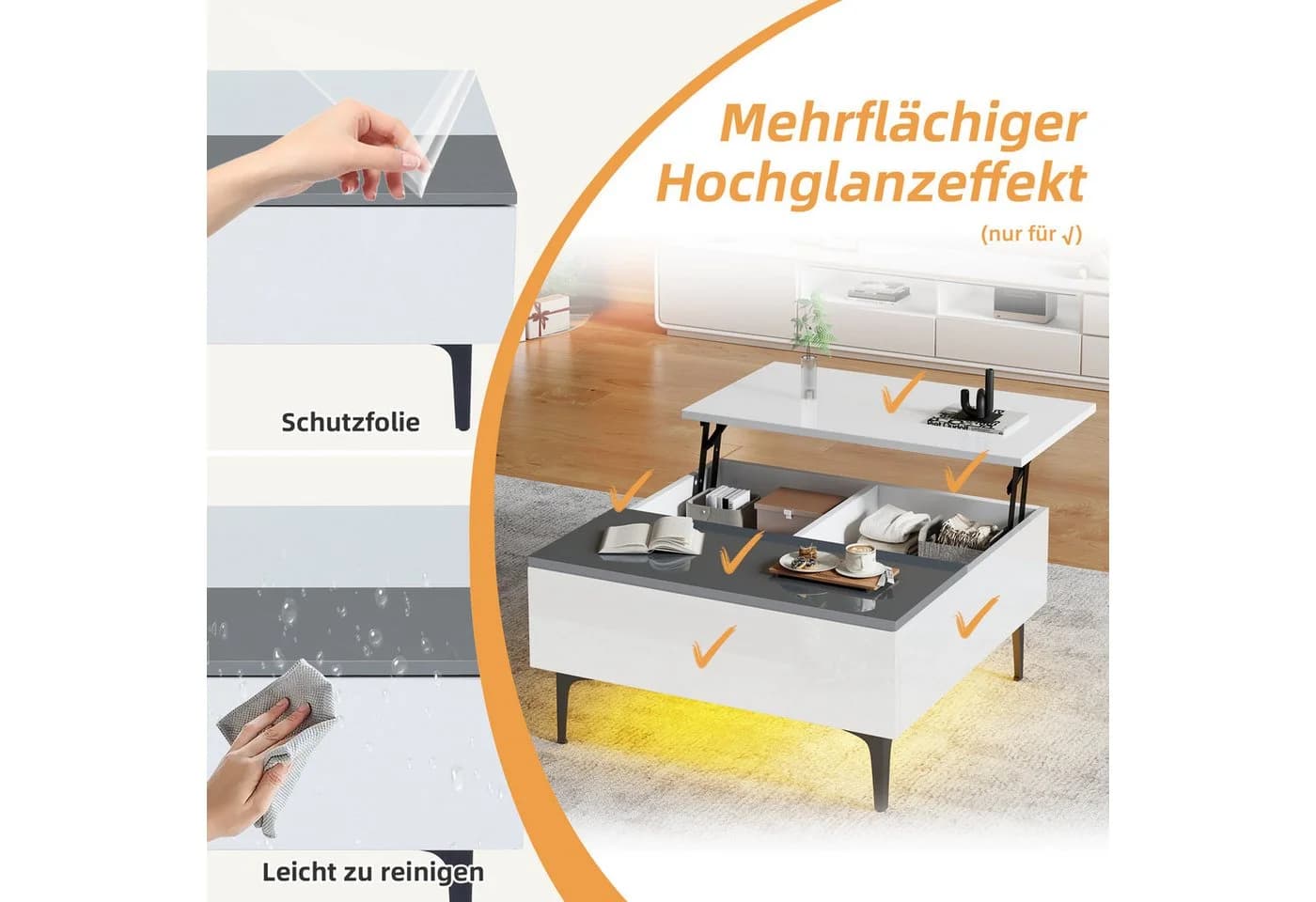Merax LED Couchtisch höhenverstellbar mit Stauraum und Beleuchtung - Bild 5