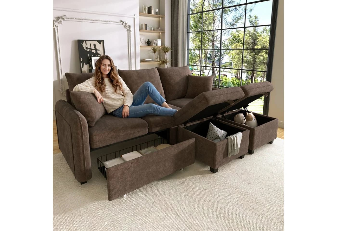Merax Ecksofa U-förmig Schlafsofa mit Staufunktion, 3-Sitzer, 2 Schubladen, 2 Hocker, Chenille-Bezug - Bild 2