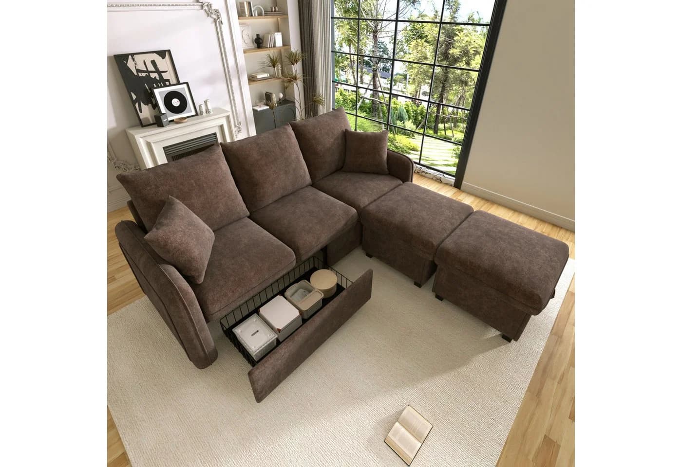 Merax Ecksofa U-förmig Schlafsofa mit Staufunktion, 3-Sitzer, 2 Schubladen, 2 Hocker, Chenille-Bezug - Bild 3