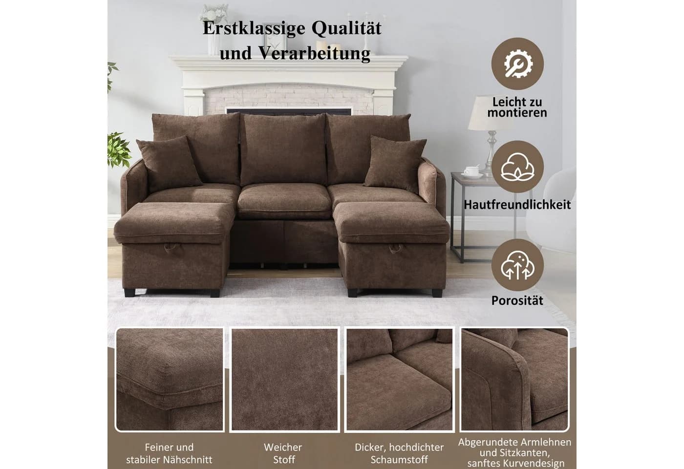 Merax Ecksofa U-förmig Schlafsofa mit Staufunktion, 3-Sitzer, 2 Schubladen, 2 Hocker, Chenille-Bezug - Bild 4