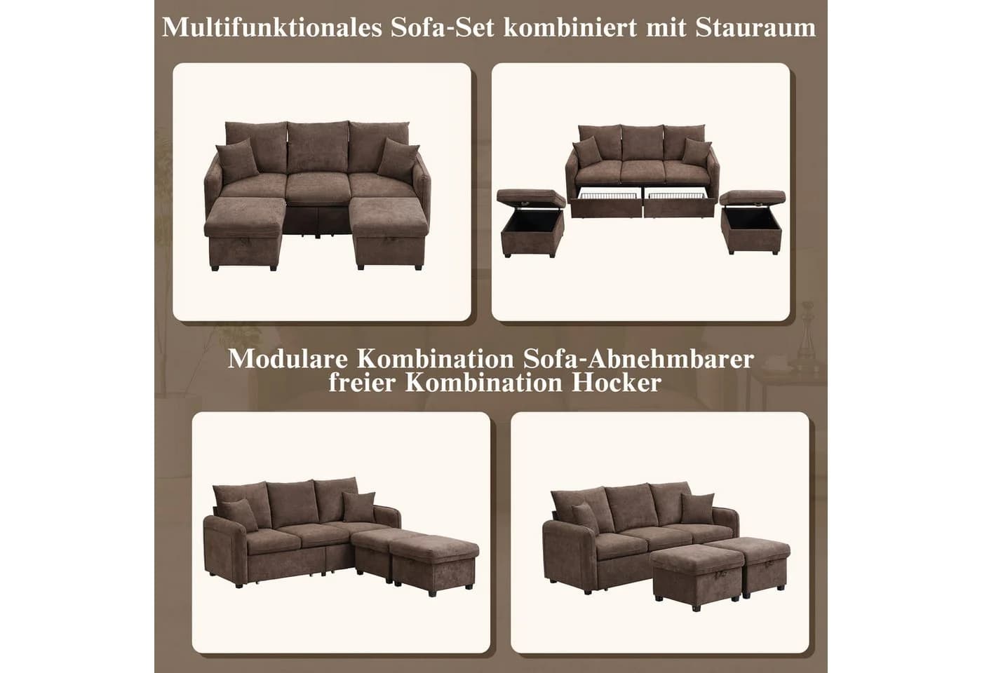 Merax Ecksofa U-förmig Schlafsofa mit Staufunktion, 3-Sitzer, 2 Schubladen, 2 Hocker, Chenille-Bezug - Bild 5