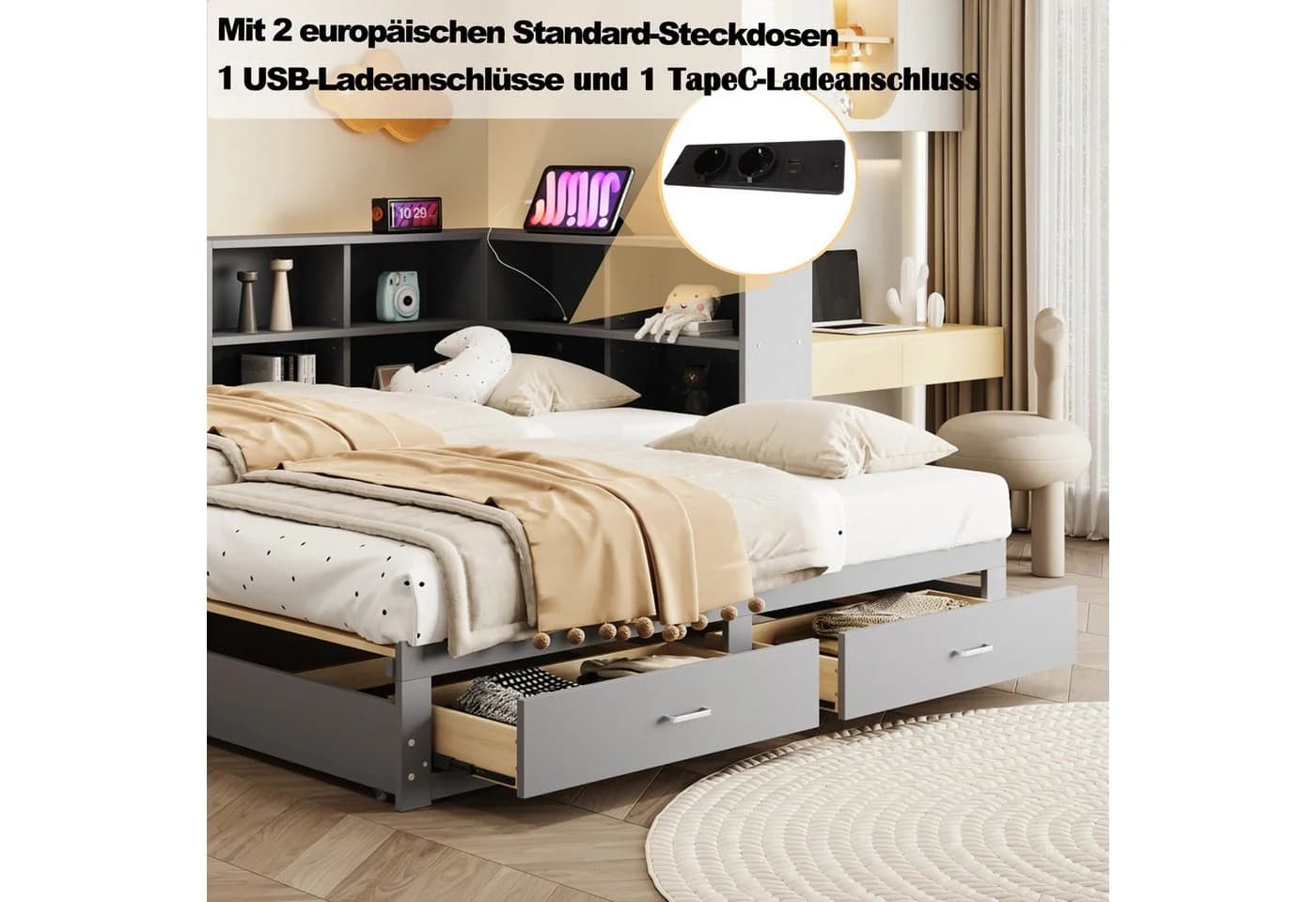 Merax Ausziehbares Daybett Weiß/Grau mit USB-Anschluss und Stauraum - Bild 4