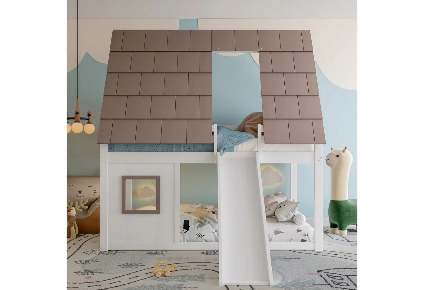 Merax Etagenbett 140x200cm mit Dach, Leiter & Rutsche
