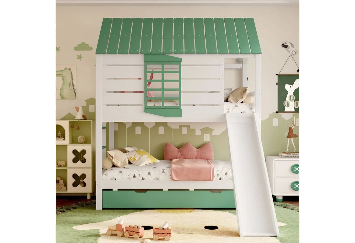 Merax Etagenbett Hausdesign mit Ausziehbett und Rutsche Weiß/Grün