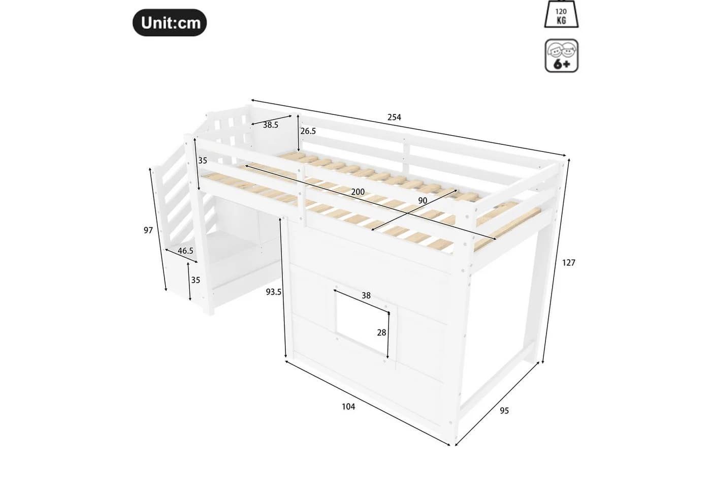 Merax Hochbett mit LED-Beleuchtung Weiß Kieferholz Hausbett - Bild 5