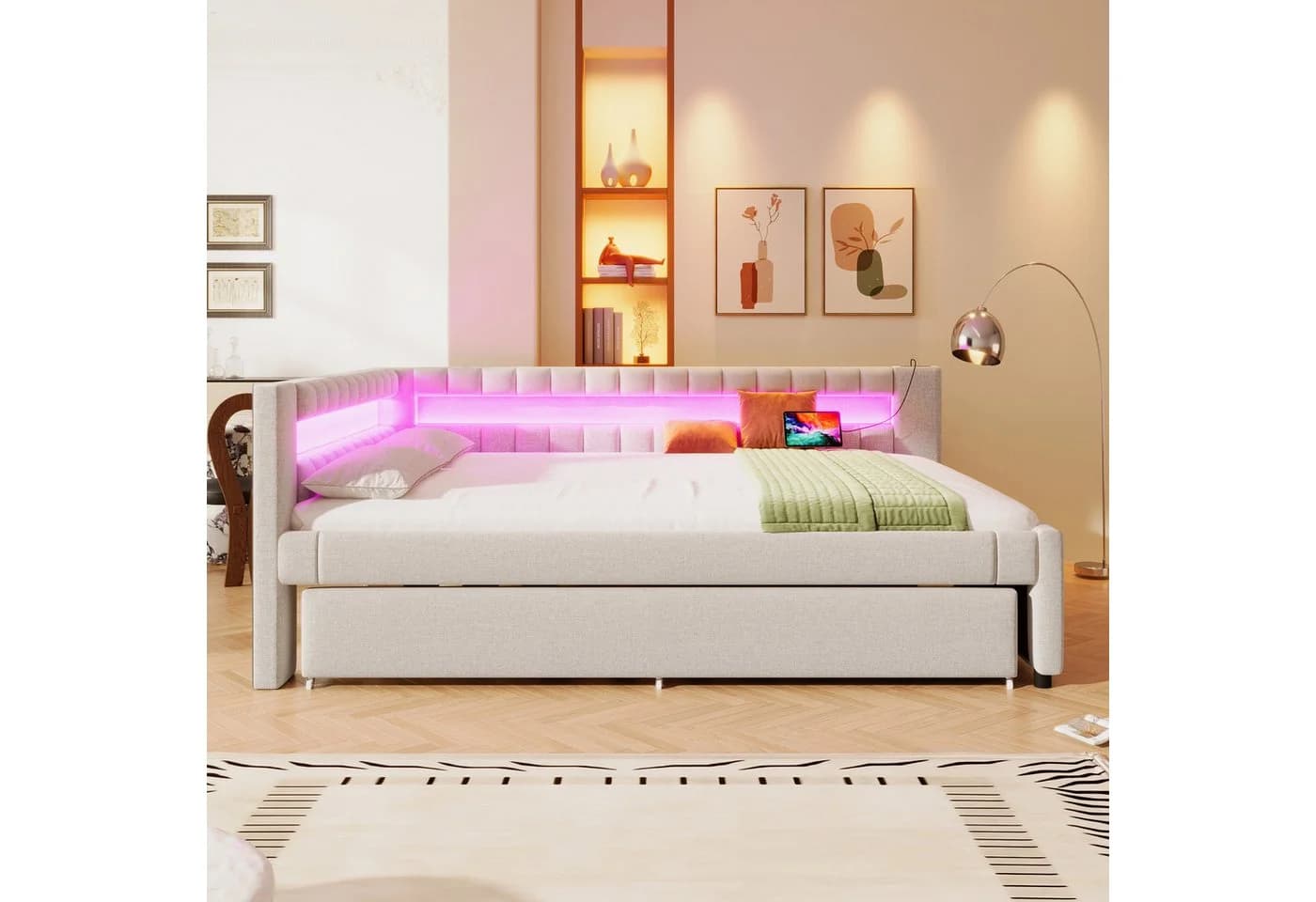Merax Polsterbett mit Ausziehbett und LED Leinen Beige Grau