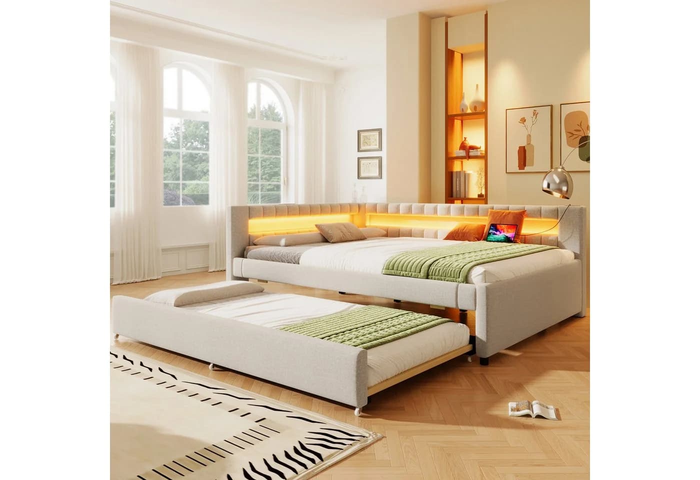 Merax Polsterbett mit Ausziehbett und LED Leinen Beige Grau - Bild 2