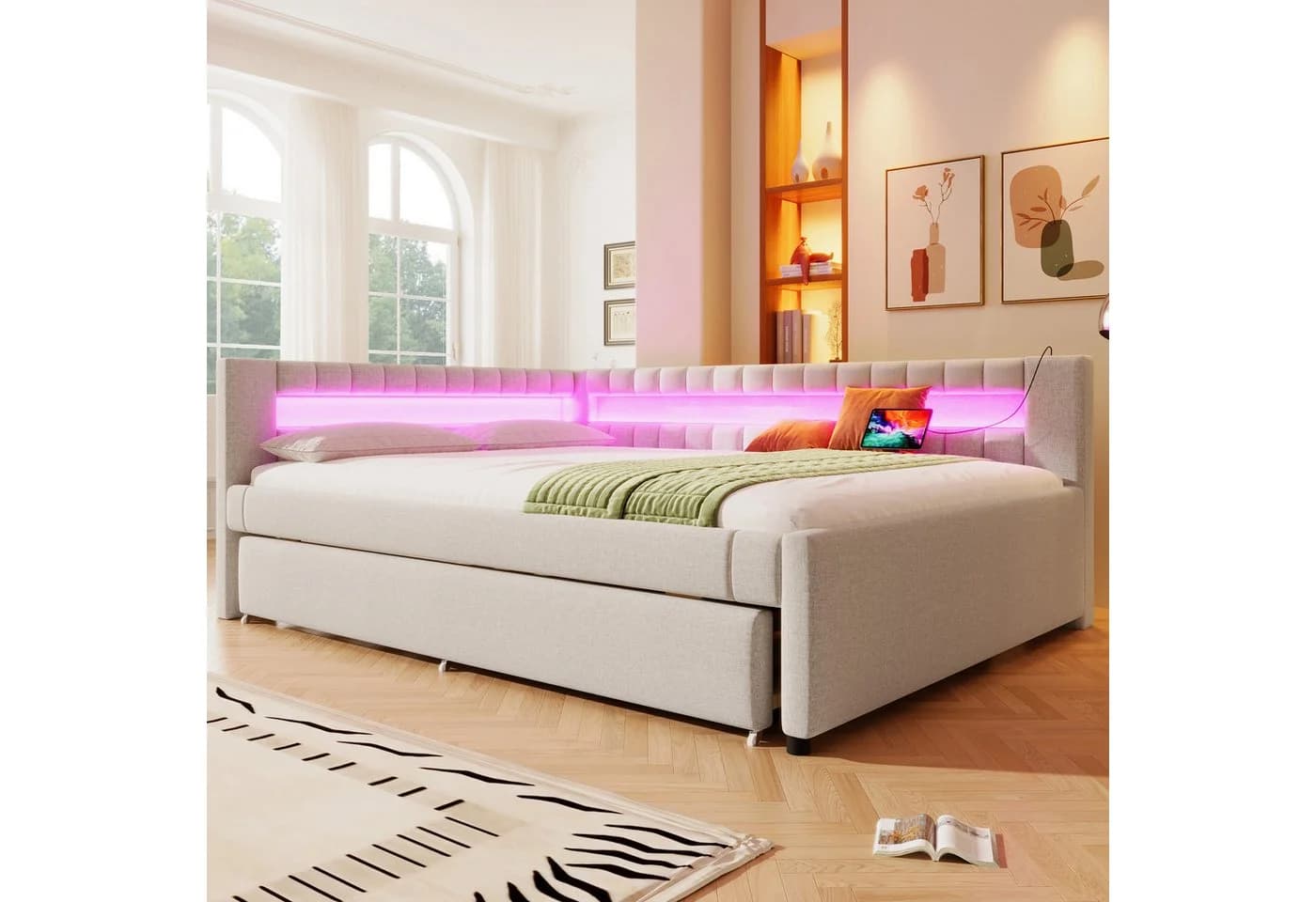 Merax Polsterbett mit Ausziehbett und LED Leinen Beige Grau - Bild 3