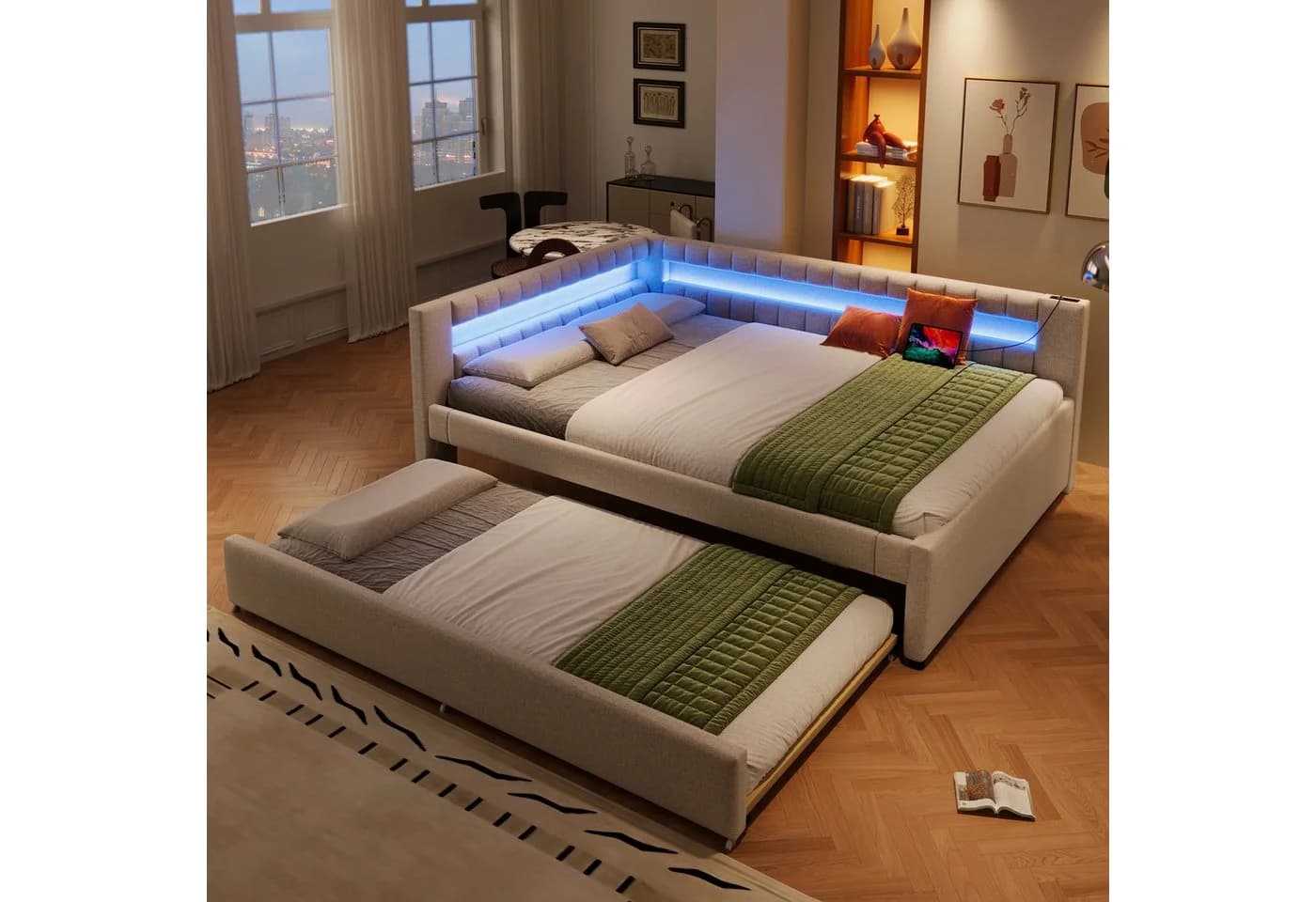 Merax Polsterbett mit Ausziehbett und LED Leinen Beige Grau - Bild 4