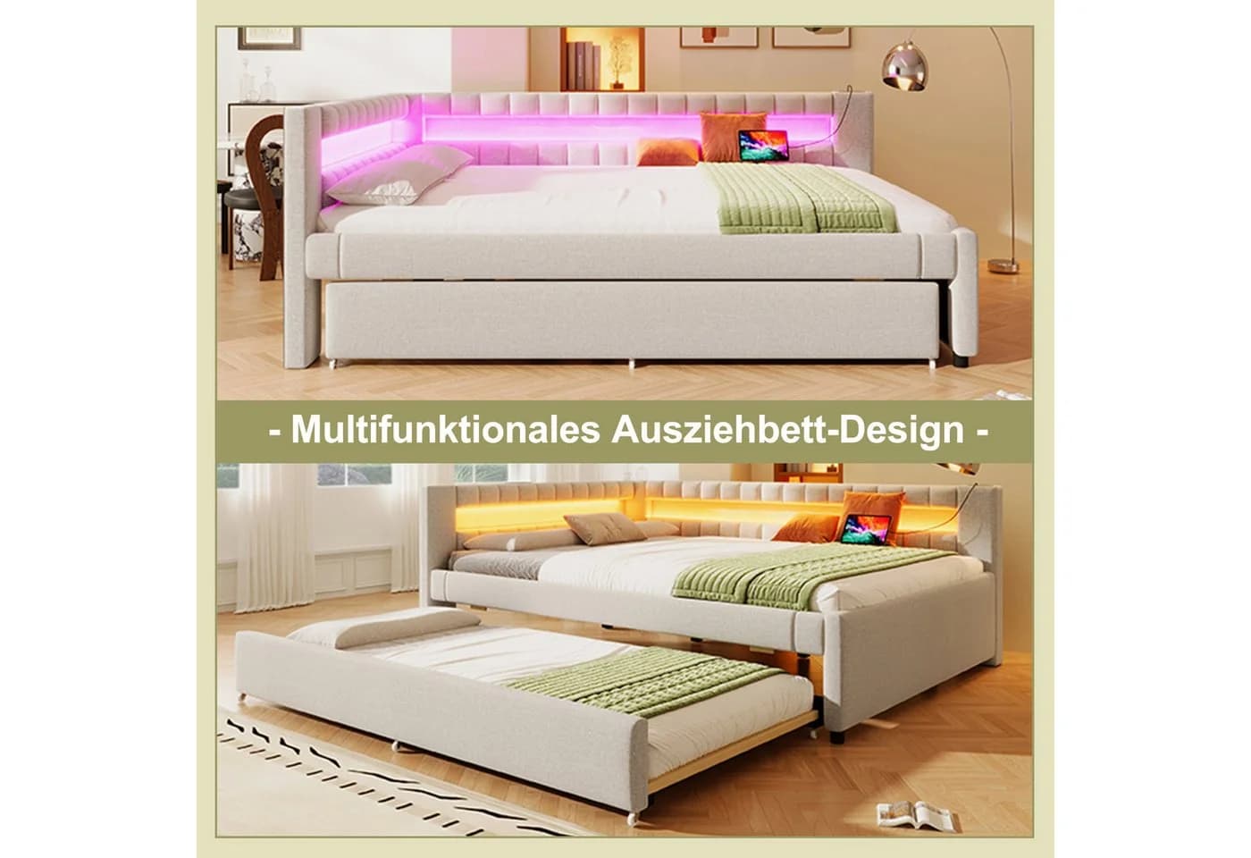Merax Polsterbett mit Ausziehbett und LED Leinen Beige Grau - Bild 5