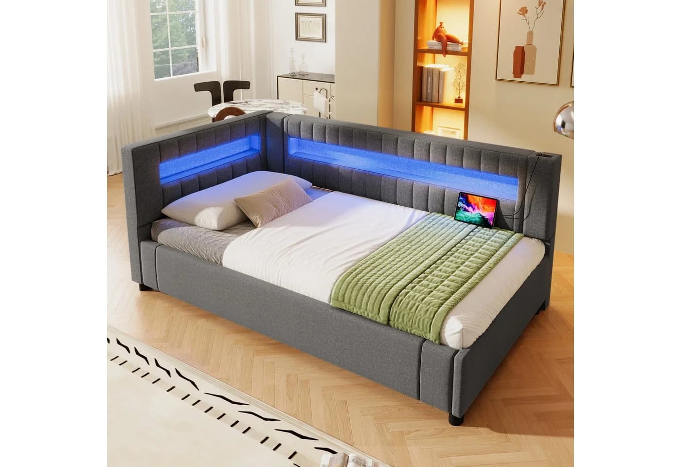 Merax Polsterbett mit LED und USB Stauraum Leinen Beige Grau - Bild 2