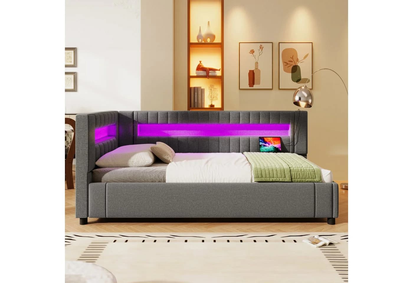 Merax Polsterbett mit LED und USB Stauraum Leinen Beige Grau - Bild 3