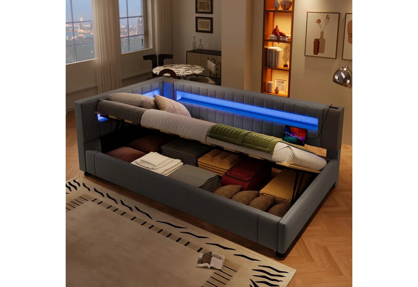 Merax Polsterbett mit LED und USB Stauraum Leinen Beige Grau - Bild 4