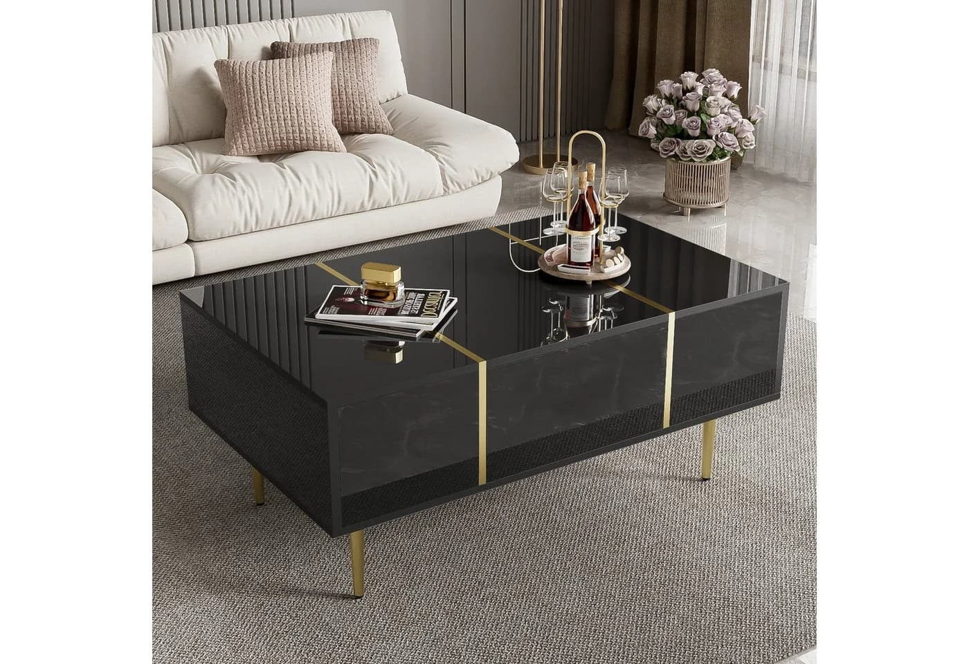 Merax Couchtisch Hochglanz Schwarz Gold 2 Schubladen - Bild 2