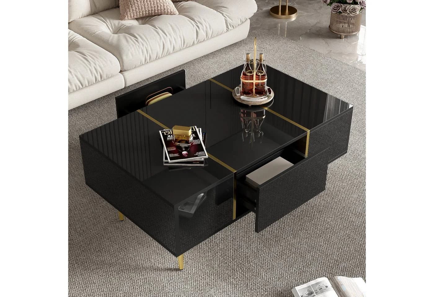 Merax Couchtisch Hochglanz Schwarz Gold 2 Schubladen - Bild 3