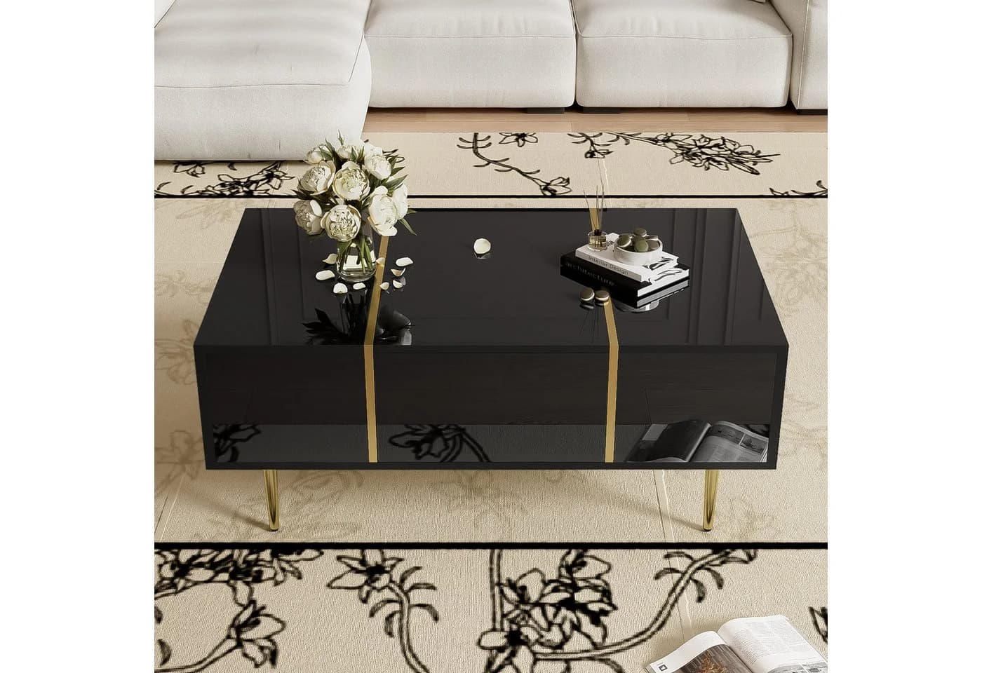 Merax Couchtisch Hochglanz Schwarz Gold 2 Schubladen - Bild 4