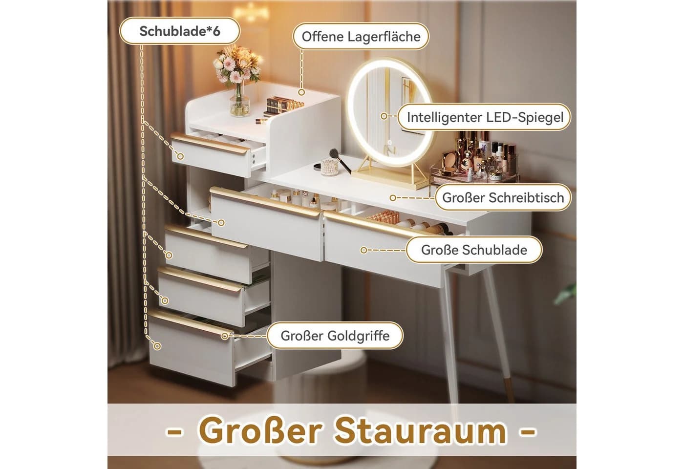 Merax Schminktisch mit 6 Schubladen & ausziehbarer Tischplatte - Bild 5