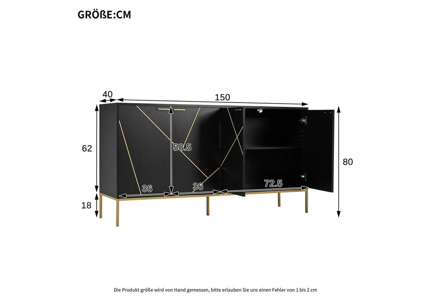 Merax Sideboard Schwarz-Gold mit Verstellbaren Regalböden - Bild 3
