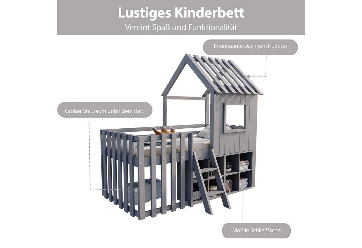 Merax Hochbett Spielhaus Grau/Weiß mit Stauraum und Schutzzaun - Bild 4