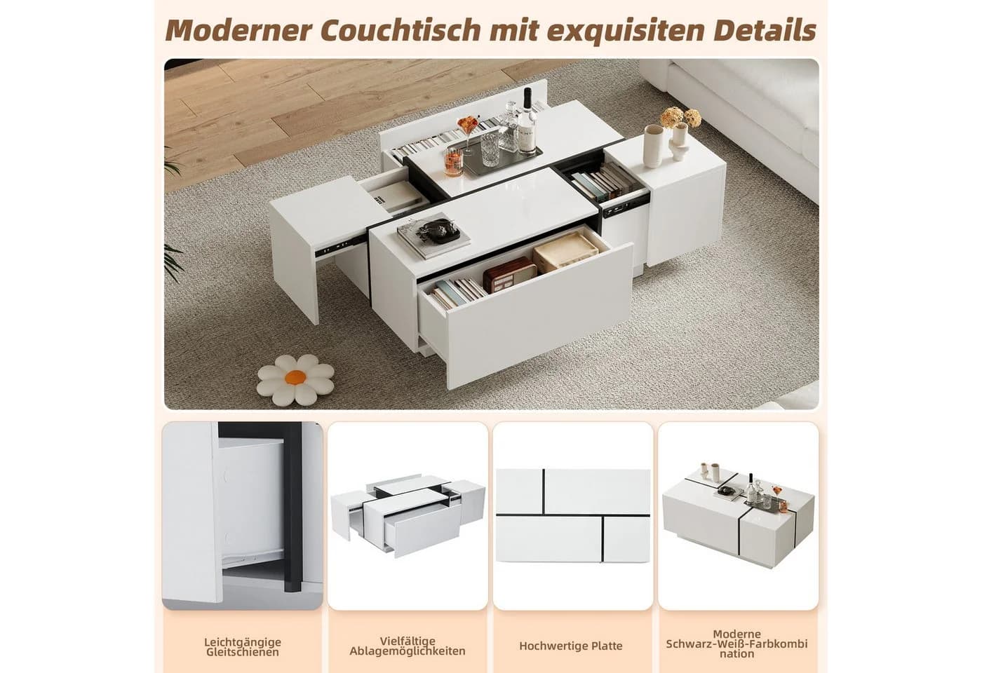 Merax Couchtisch Hochglanz Patchwork-Design 4 Schubladen - Bild 5