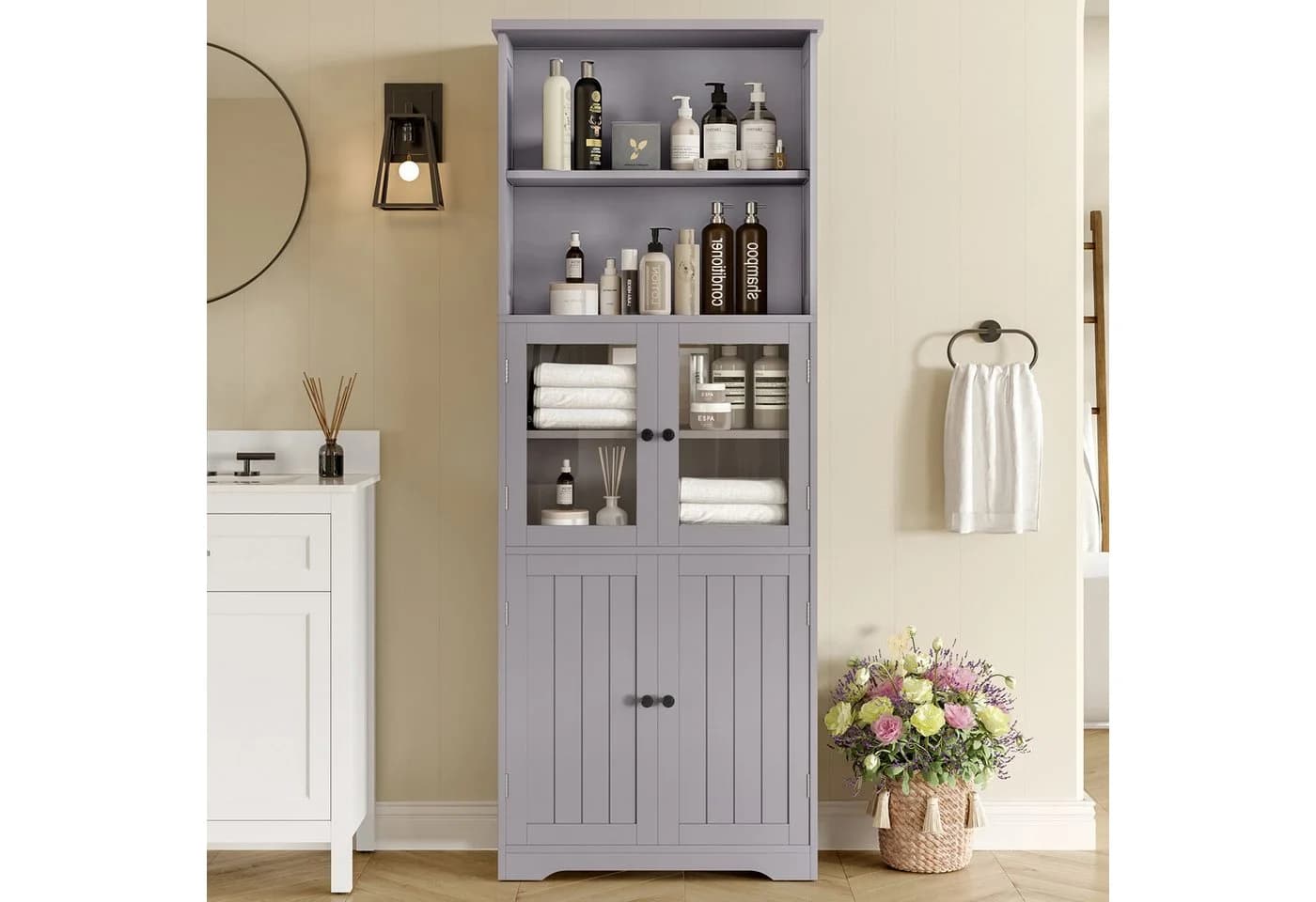 Merax Hochschrank Grau/Weiß mit Glas- & Holztüren Modern