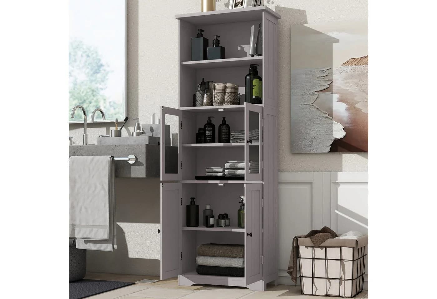 Merax Hochschrank Grau/Weiß mit Glas- & Holztüren Modern - Bild 3