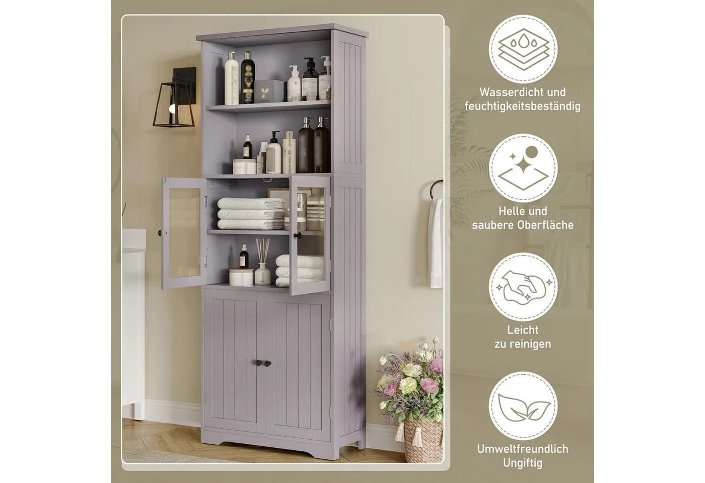 Merax Hochschrank Grau/Weiß mit Glas- & Holztüren Modern - Bild 4