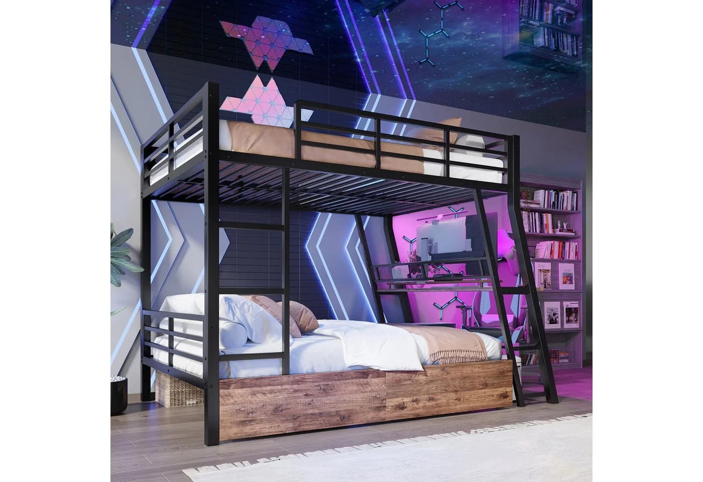 Merax Hochbett mit Schreibtisch und LED-Beleuchtung Schwarz Metall