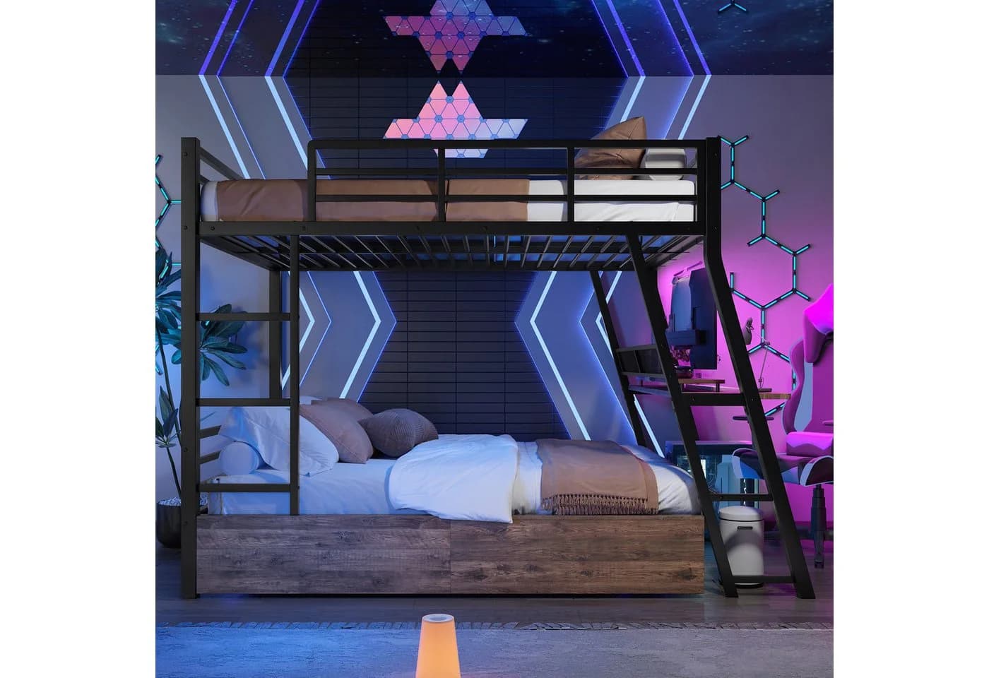 Merax Hochbett mit Schreibtisch und LED-Beleuchtung Schwarz Metall - Bild 3