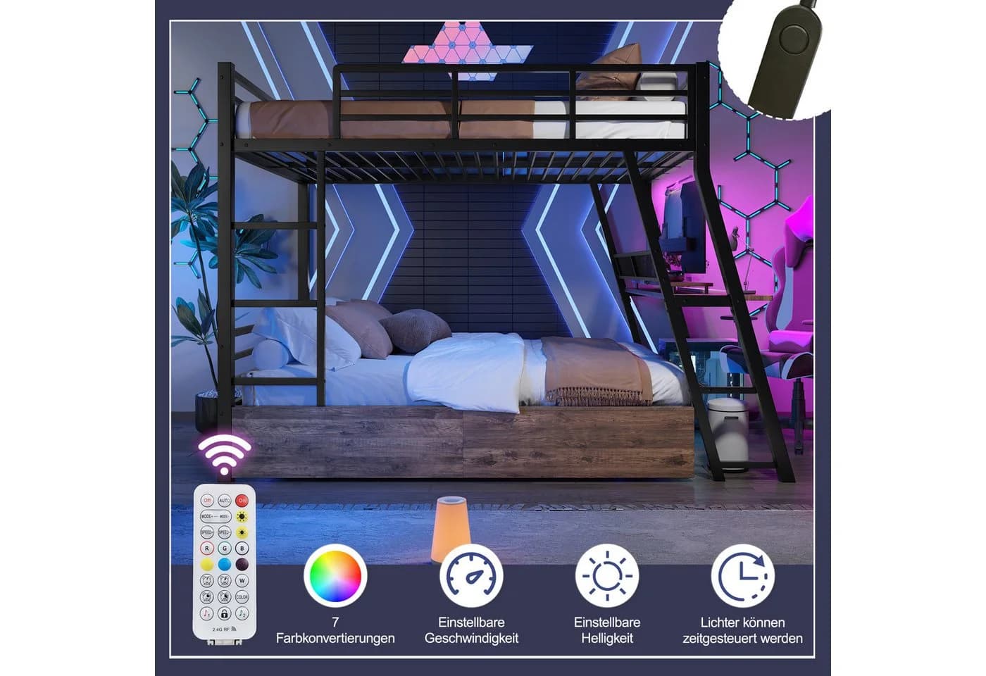 Merax Hochbett mit Schreibtisch und LED-Beleuchtung Schwarz Metall - Bild 5