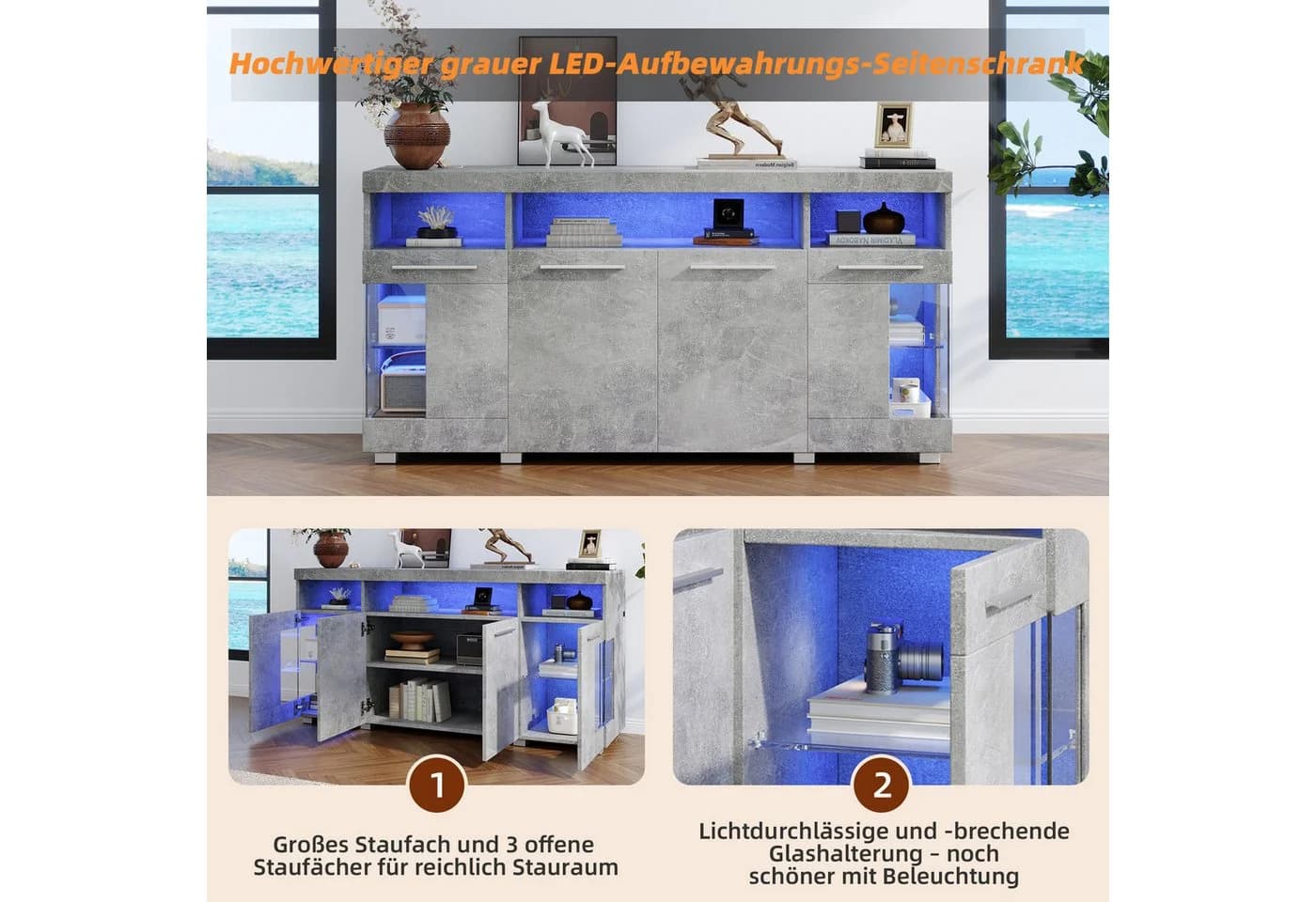 Merax Sideboard Hochglanz Weiß/Grau LED-Beleuchtung - Bild 5