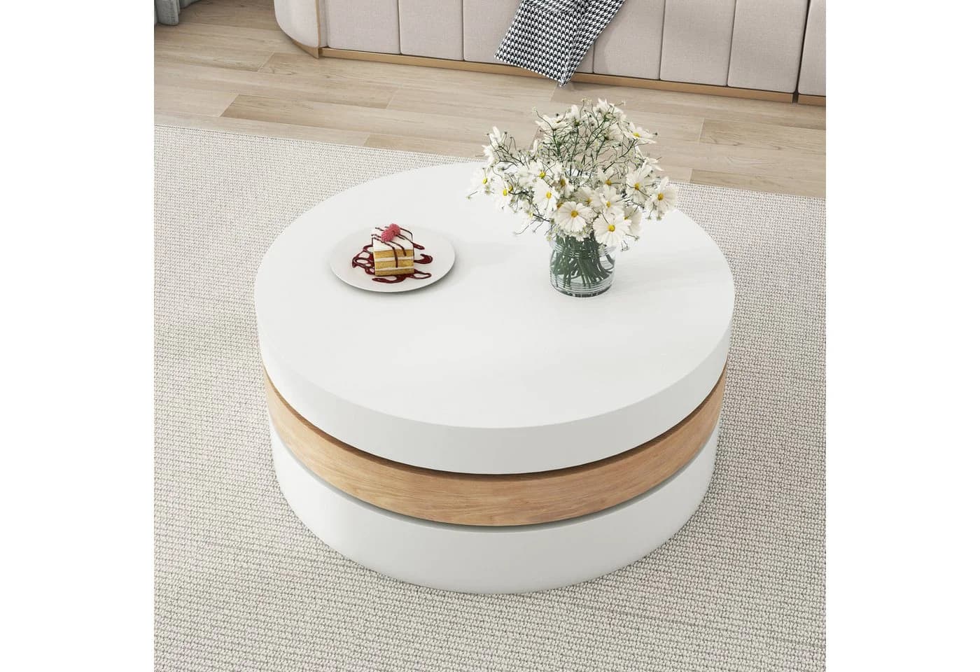 Merax Couchtisch Drehbarer Sofatisch Zylindrisch Beistelltisch Weiß Holzoptik