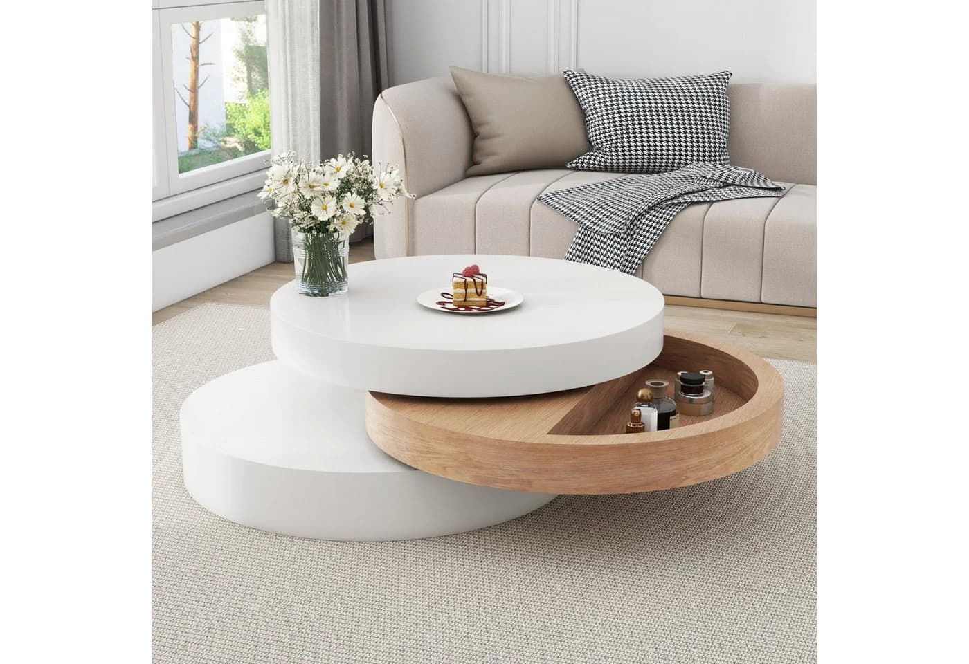 Merax Couchtisch Drehbarer Sofatisch Zylindrisch Beistelltisch Weiß Holzoptik - Bild 2