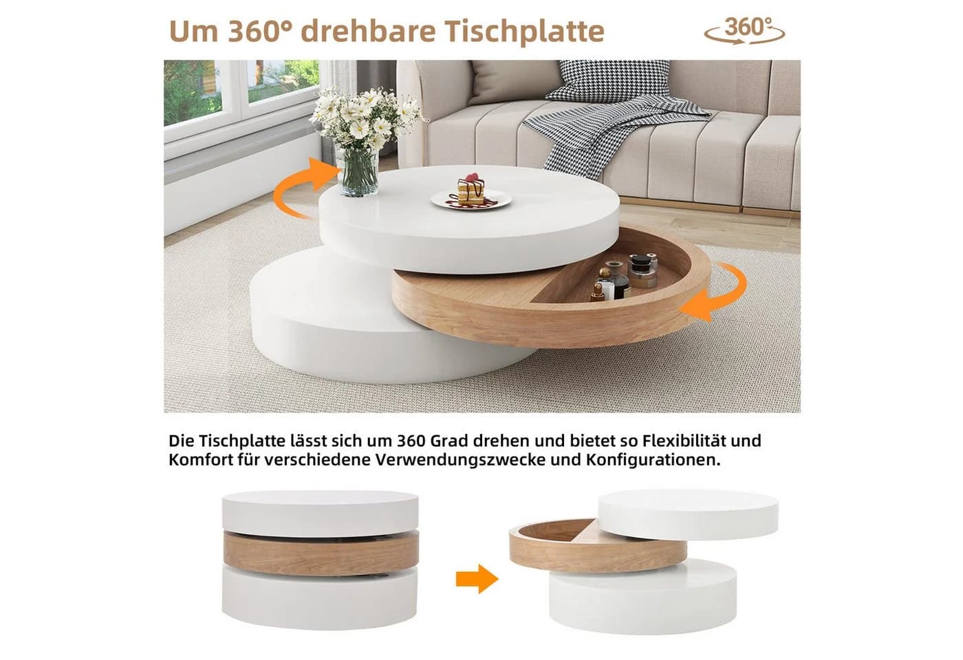 Merax Couchtisch Drehbarer Sofatisch Zylindrisch Beistelltisch Weiß Holzoptik - Bild 4