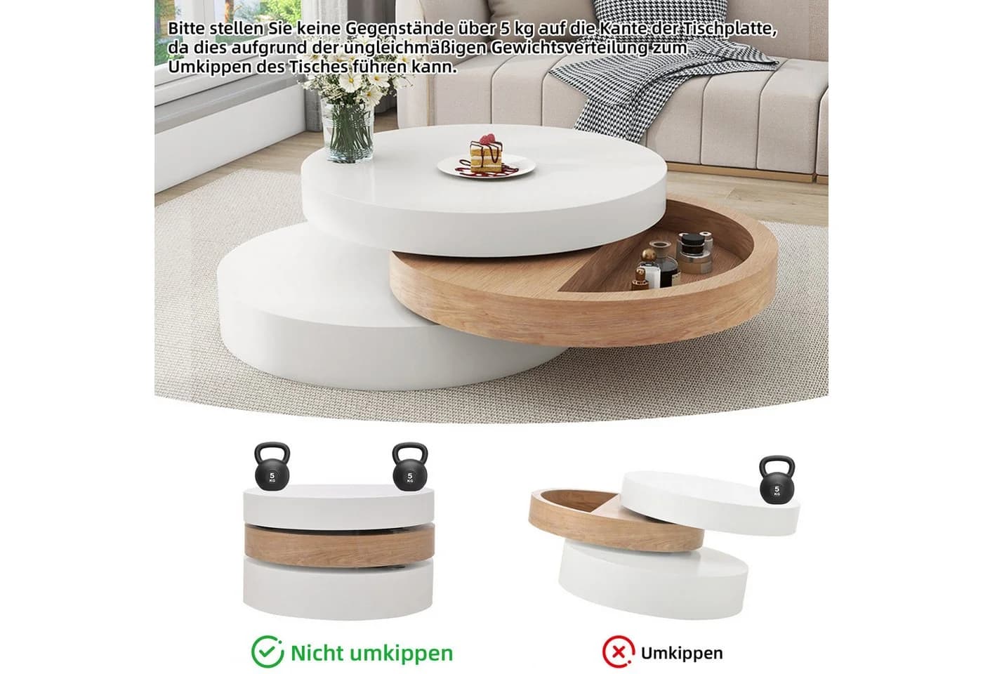 Merax Couchtisch Drehbarer Sofatisch Zylindrisch Beistelltisch Weiß Holzoptik - Bild 5