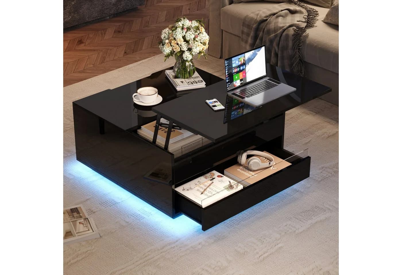 Merax Couchtisch Hochglanz Sofatisch mit Hebefunktion und LED-Acryllicht - Bild 4