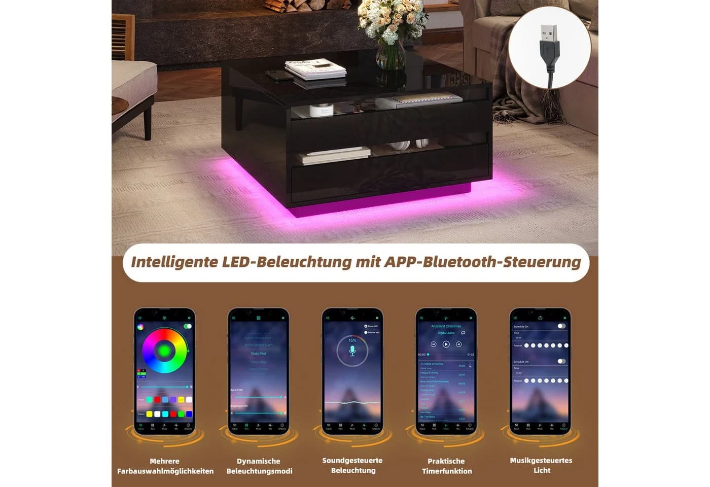 Merax Couchtisch Hochglanz Sofatisch mit Hebefunktion und LED-Acryllicht - Bild 5