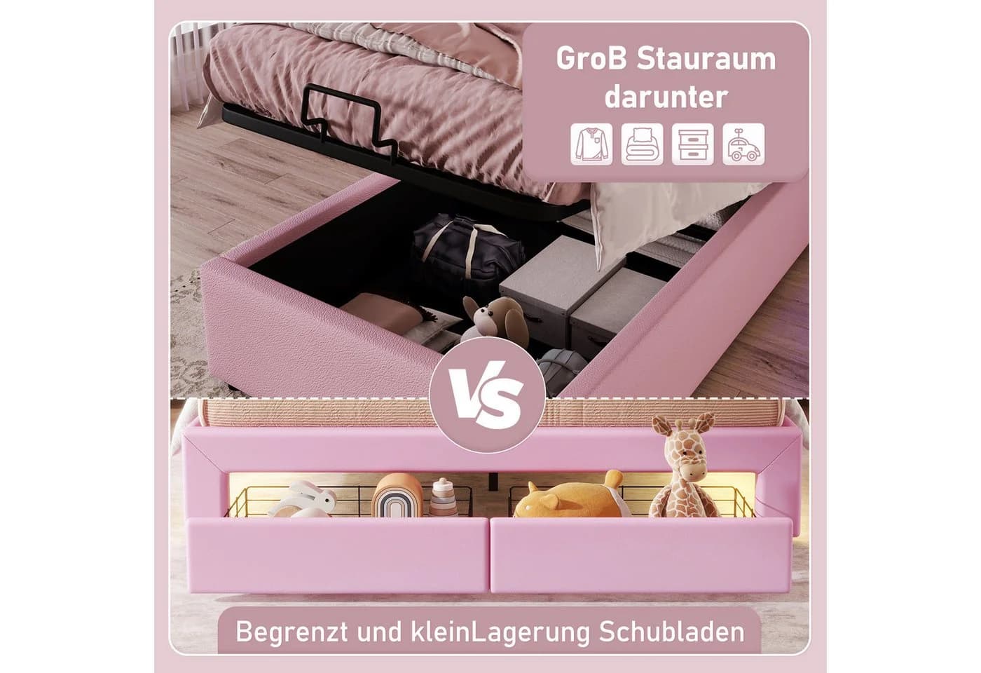 Merax Polsterbett Rosa Kronprinzessinnen-Design mit LED & Stauraum - Bild 4