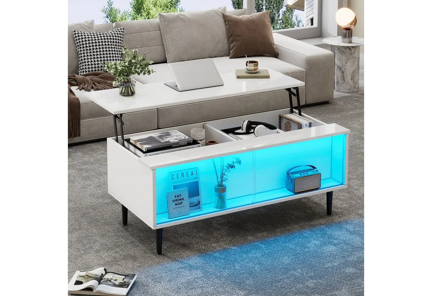 Merax Couchtisch Weiß Höhenverstellbar mit LED - Bild 2